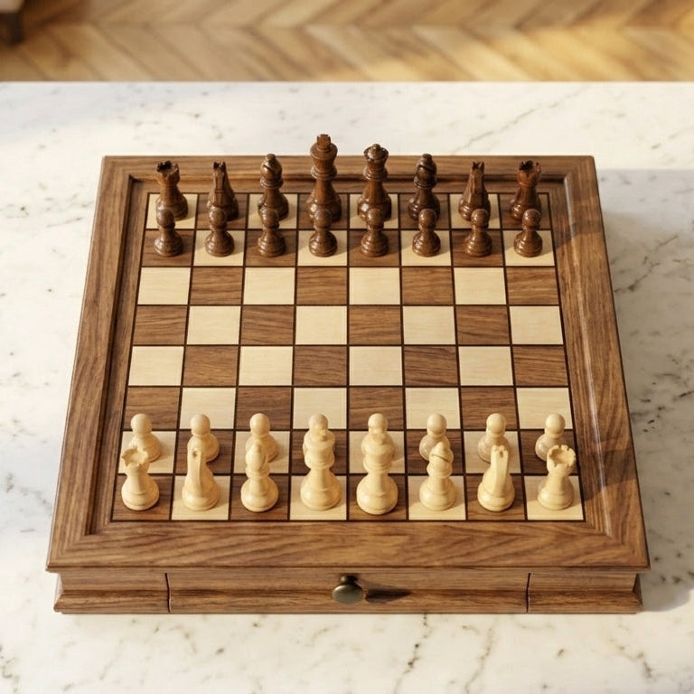 Handcrafted Walnut Wood Chess Set with Drawers