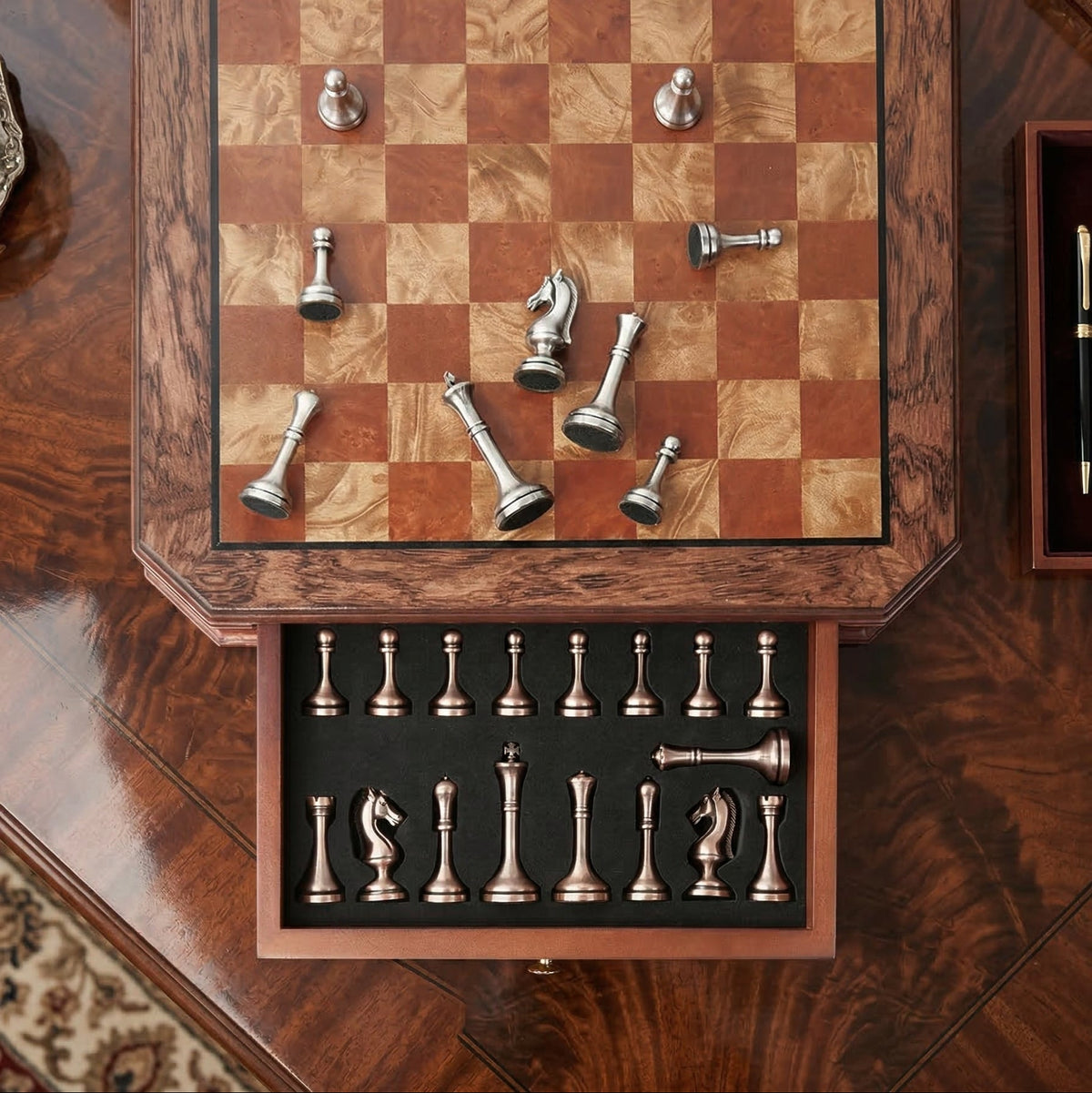 Mahogany Chess Set with Drawers and Aged Metal Pieces