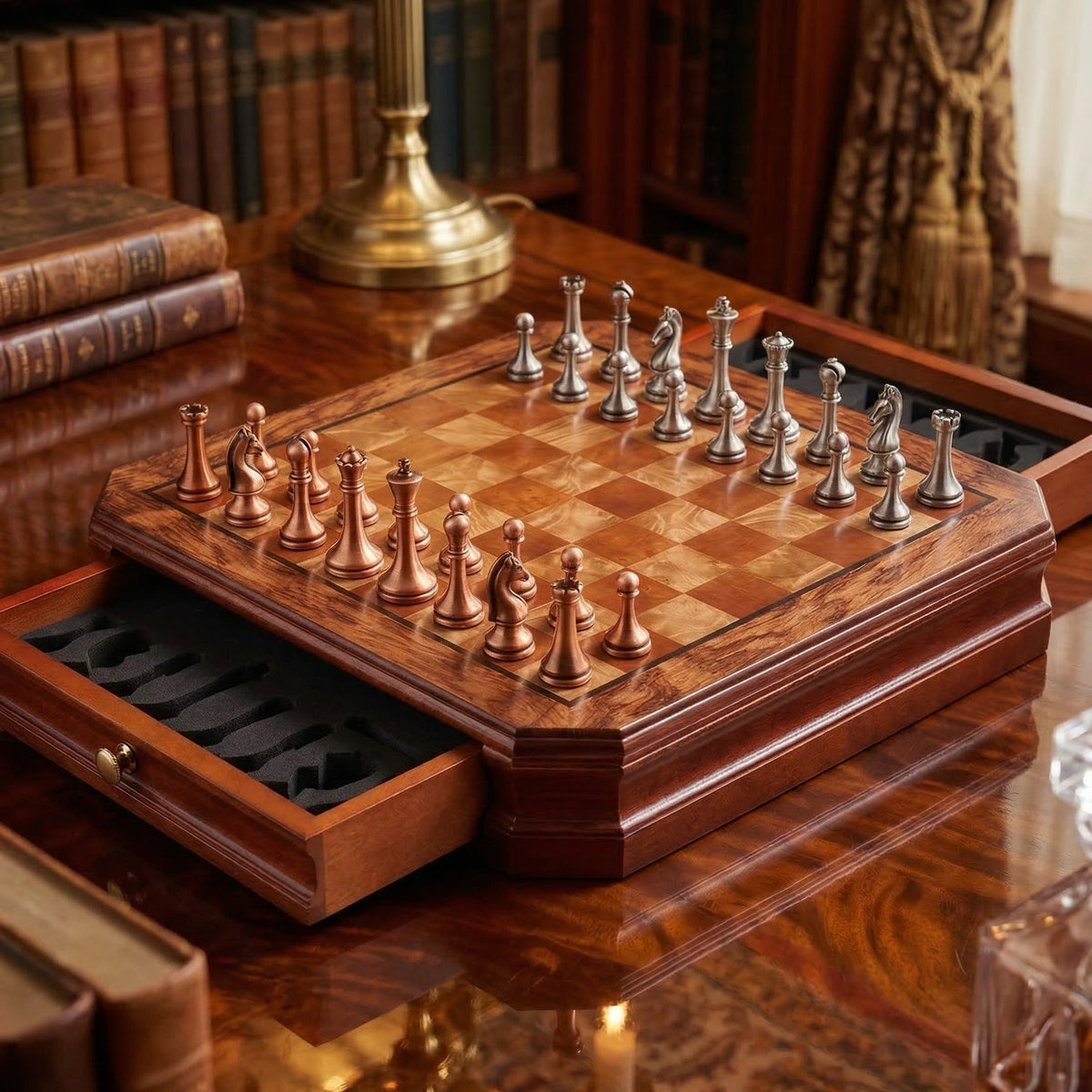 Mahogany Chess Set with Drawers and Aged Metal Pieces