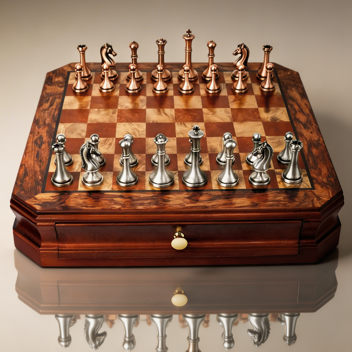 Mahogany Chess Set with Drawers and Aged Metal Pieces