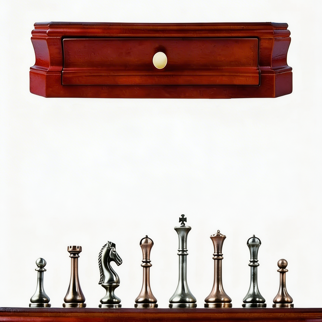 Mahogany Chess Set with Drawers and Aged Metal Pieces