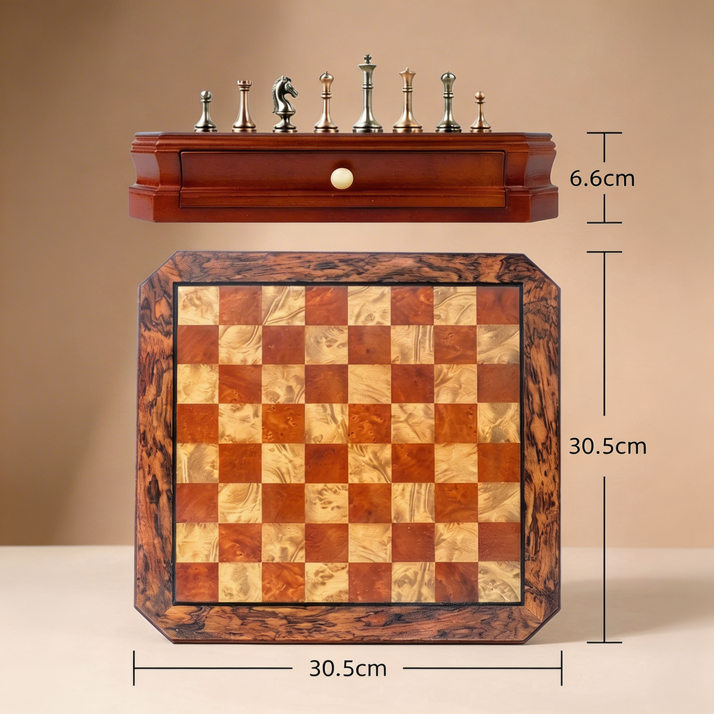 Mahogany Chess Set with Drawers and Aged Metal Pieces