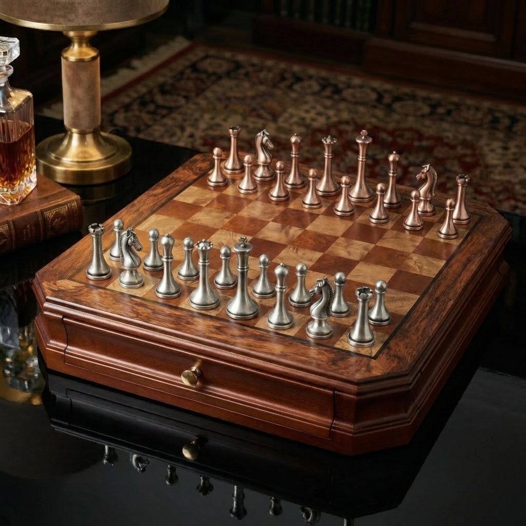 Mahogany Chess Set with Drawers and Aged Metal Pieces