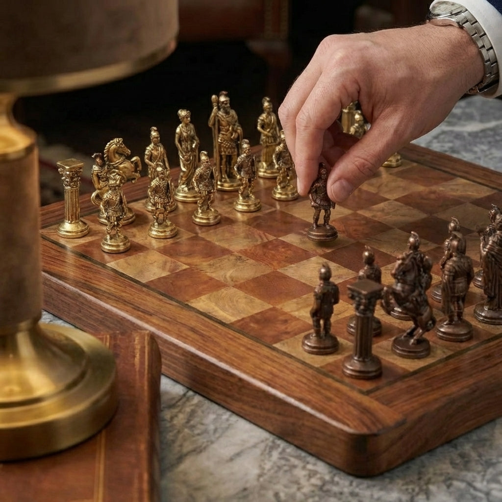 Folding Mahogany Chess Set with Polished Brass Pieces