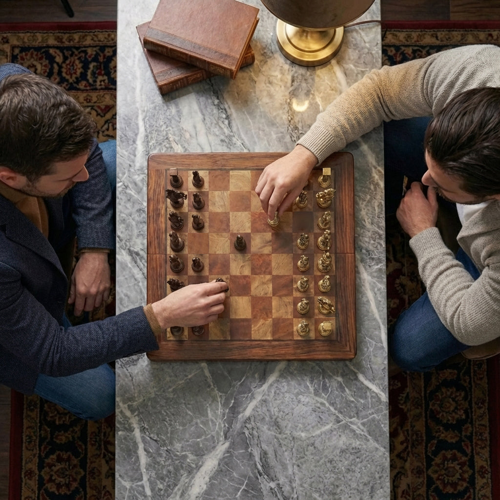 Folding Mahogany Chess Set with Polished Brass Pieces