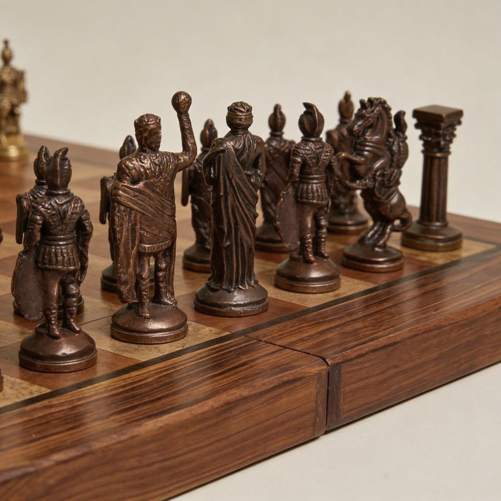 Folding Mahogany Chess Set with Polished Brass Pieces