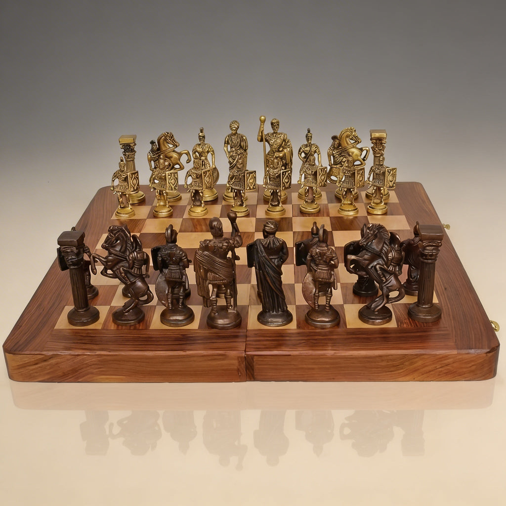 Folding Mahogany Chess Set with Polished Brass Pieces