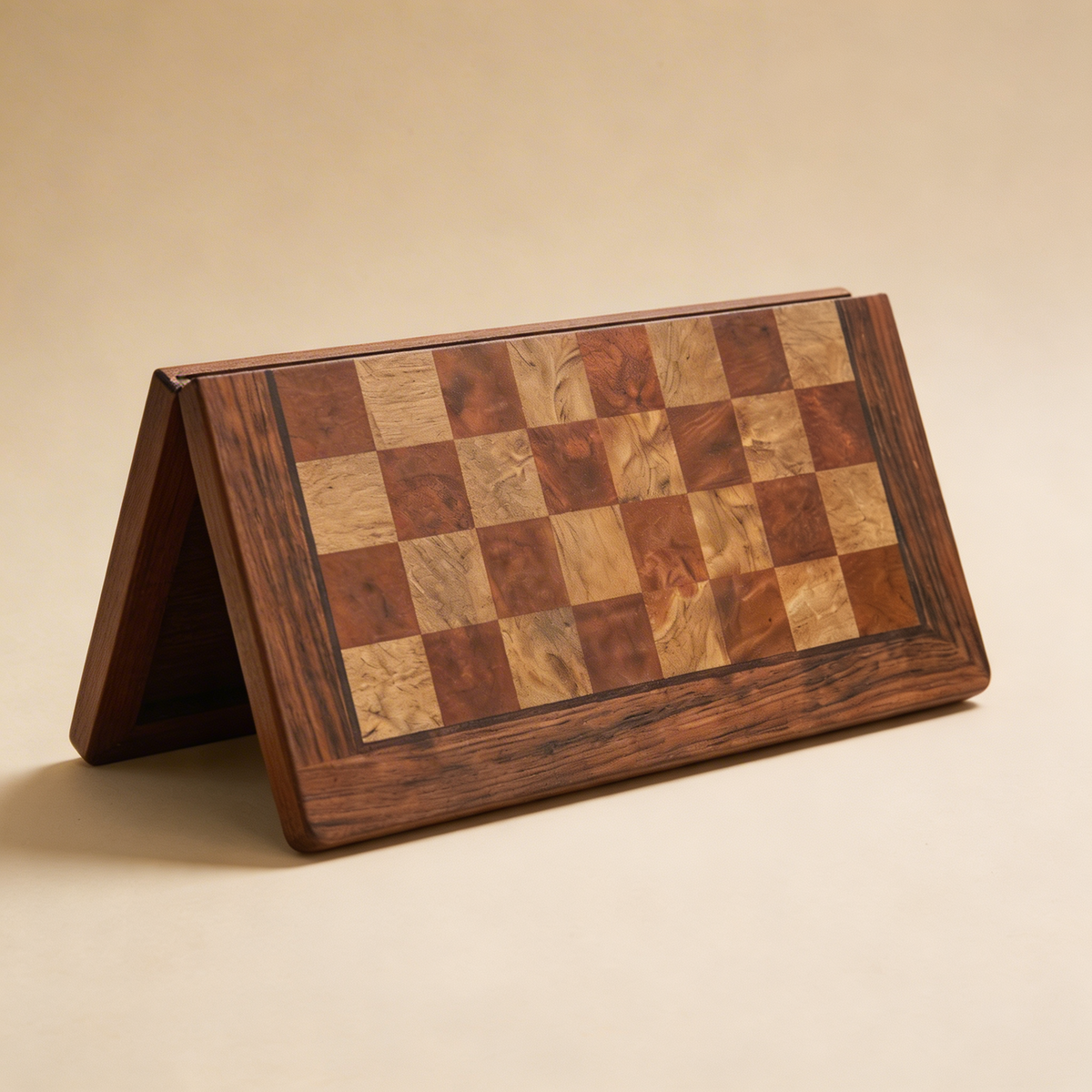 Folding Mahogany Chess Set with Polished Brass Pieces