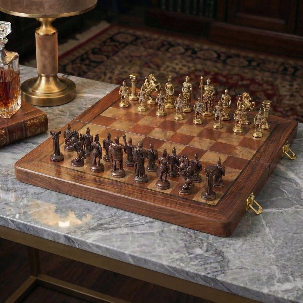 Folding Mahogany Chess Set with Polished Brass Pieces