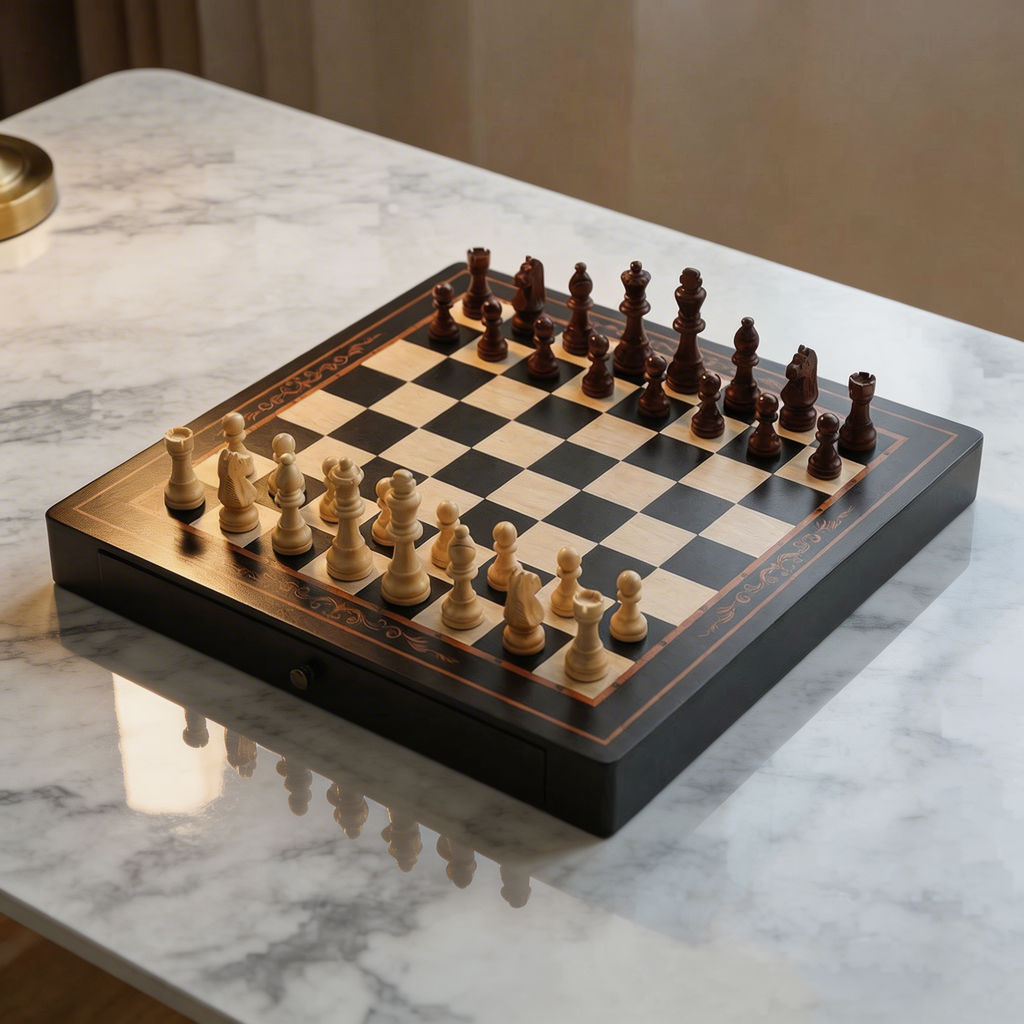 Magnetic Chess Set with Drawers in Walnut and Maple Wood