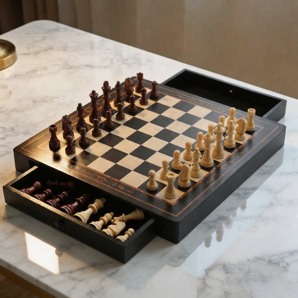 Magnetic Chess Set with Drawers in Walnut and Maple Wood