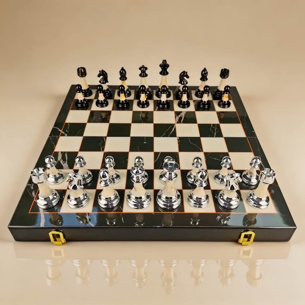 Folding Ebony Wood Chess Set with Metal Pieces