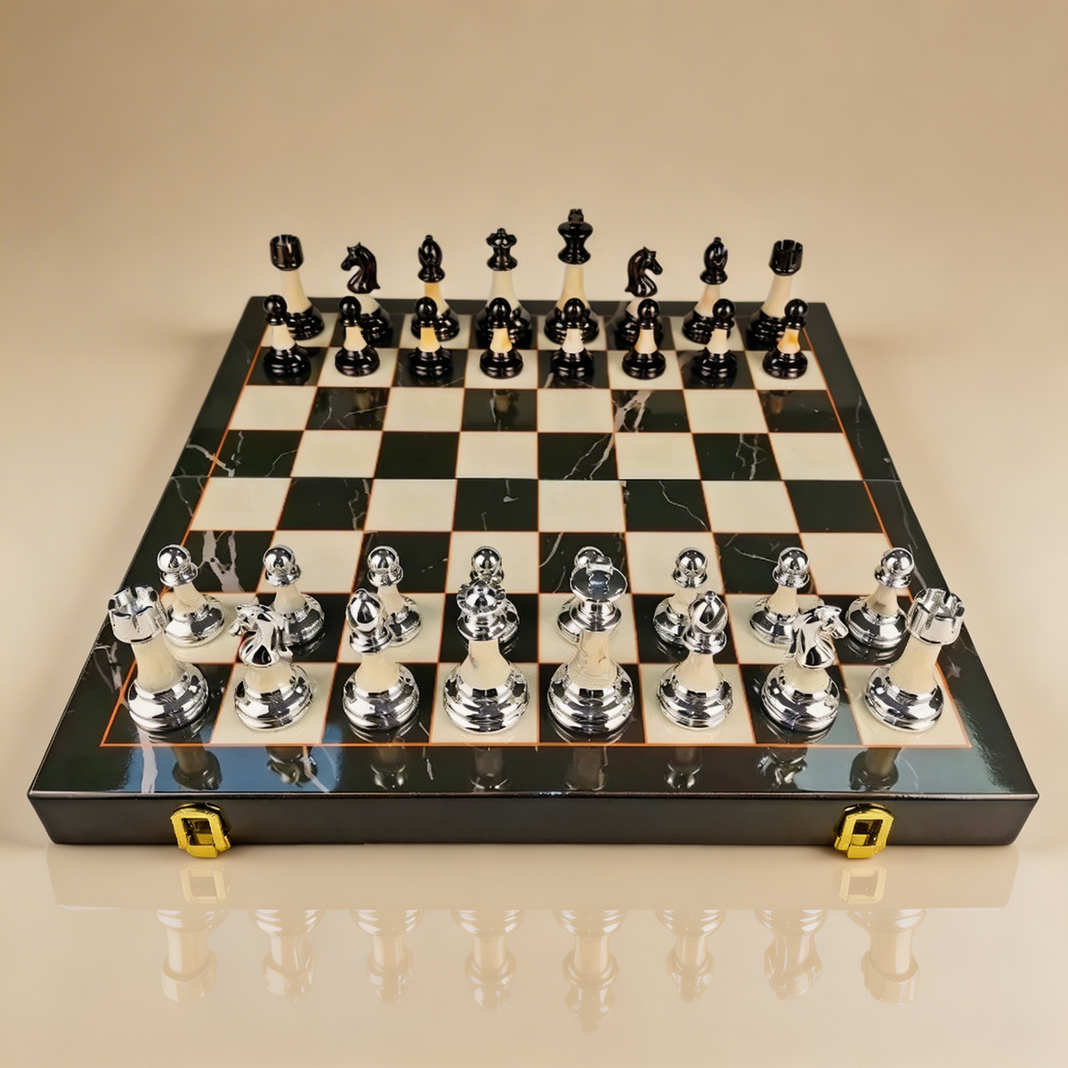 Folding Ebony Wood Chess Set with Metal Pieces