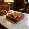 Ebony Wood Chess Set with Inlaid Metal Pieces and Storage