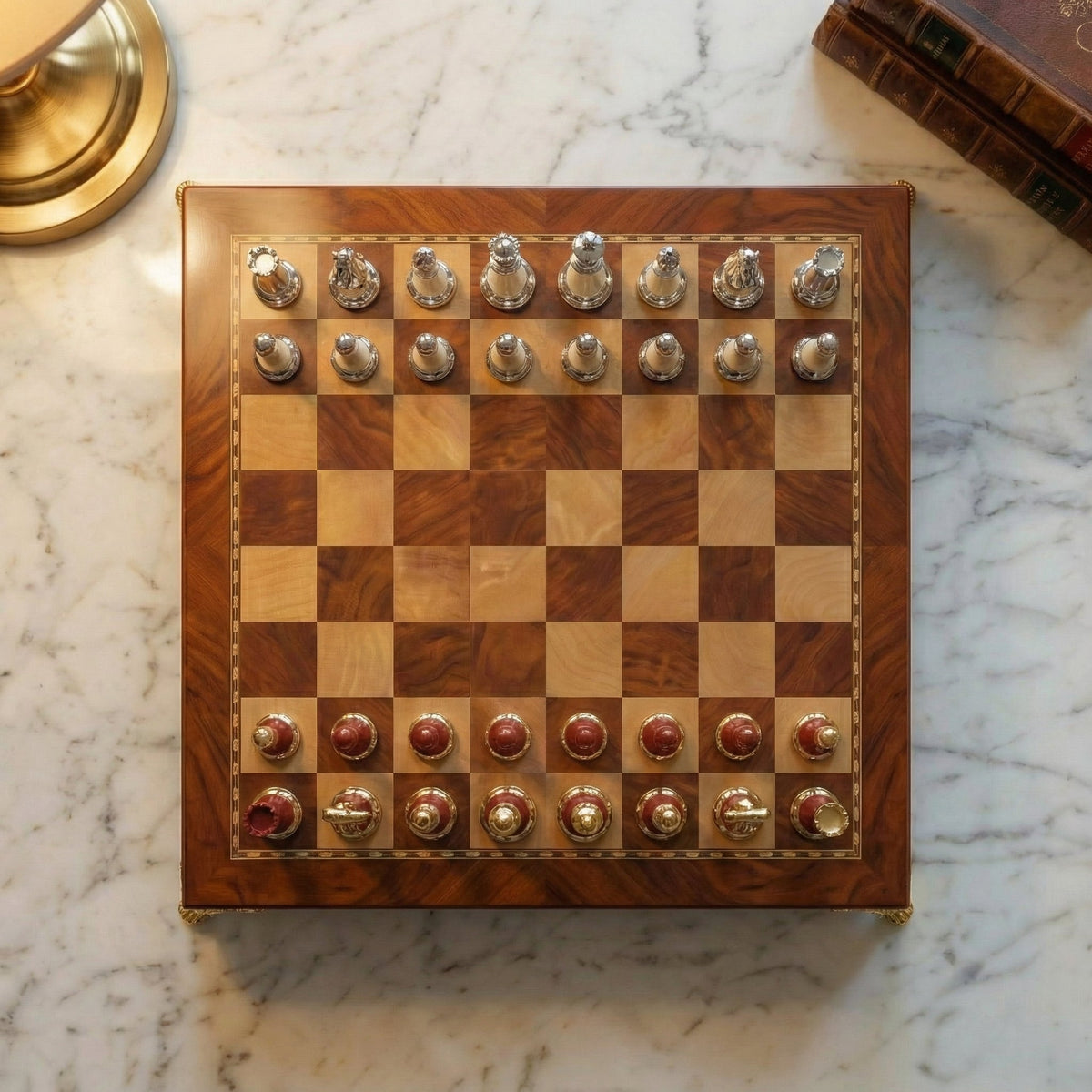Ebony Wood Chess Set with Inlaid Metal Pieces and Storage