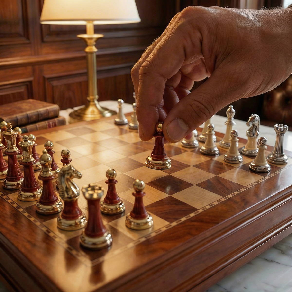 Ebony Wood Chess Set with Inlaid Metal Pieces and Storage