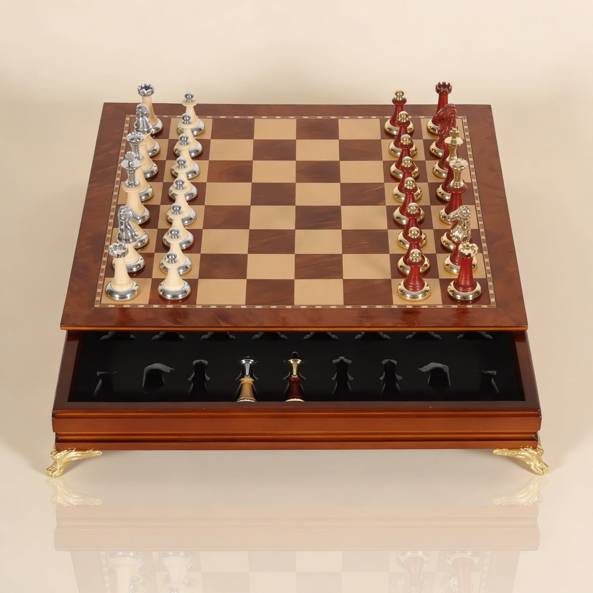 Ebony Wood Chess Set with Inlaid Metal Pieces and Storage