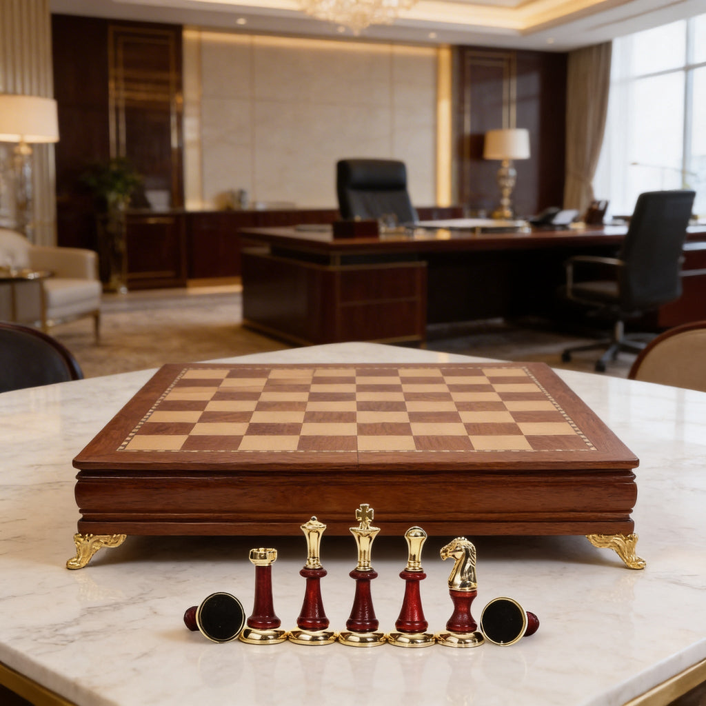 Ebony Wood Chess Set with Inlaid Metal Pieces and Storage