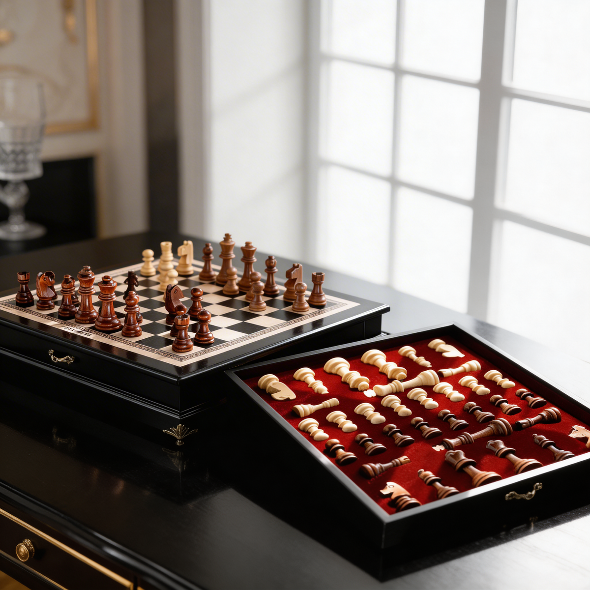 Olive Wood Chess Set with Drawer and Gold Feet