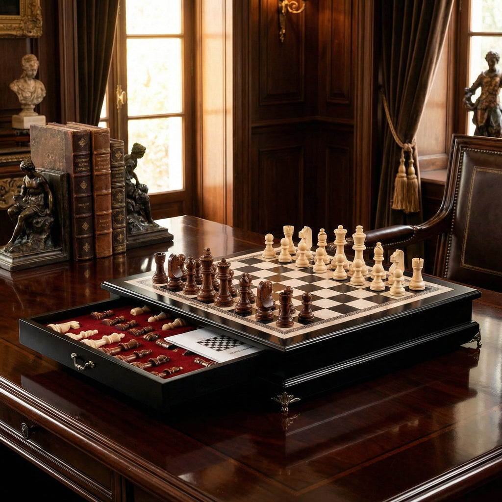 Olive Wood Chess Set with Drawer and Gold Feet