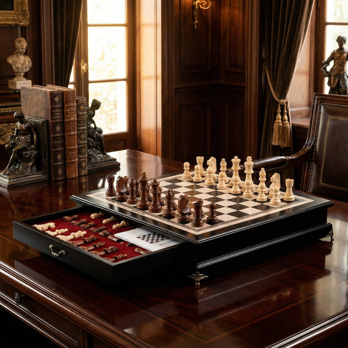 Olive Wood Chess Set with Drawer and Gold Feet
