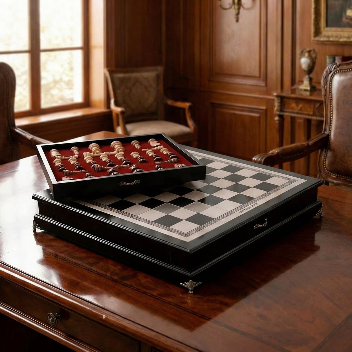 Olive Wood Chess Set with Drawer and Gold Feet
