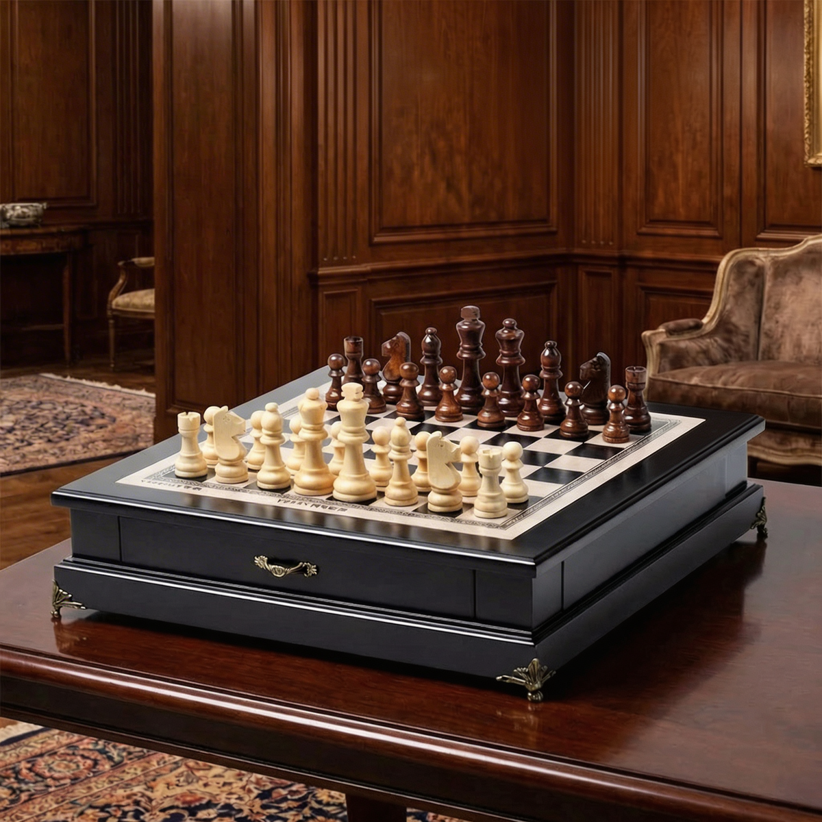 Olive Wood Chess Set with Drawer and Gold Feet