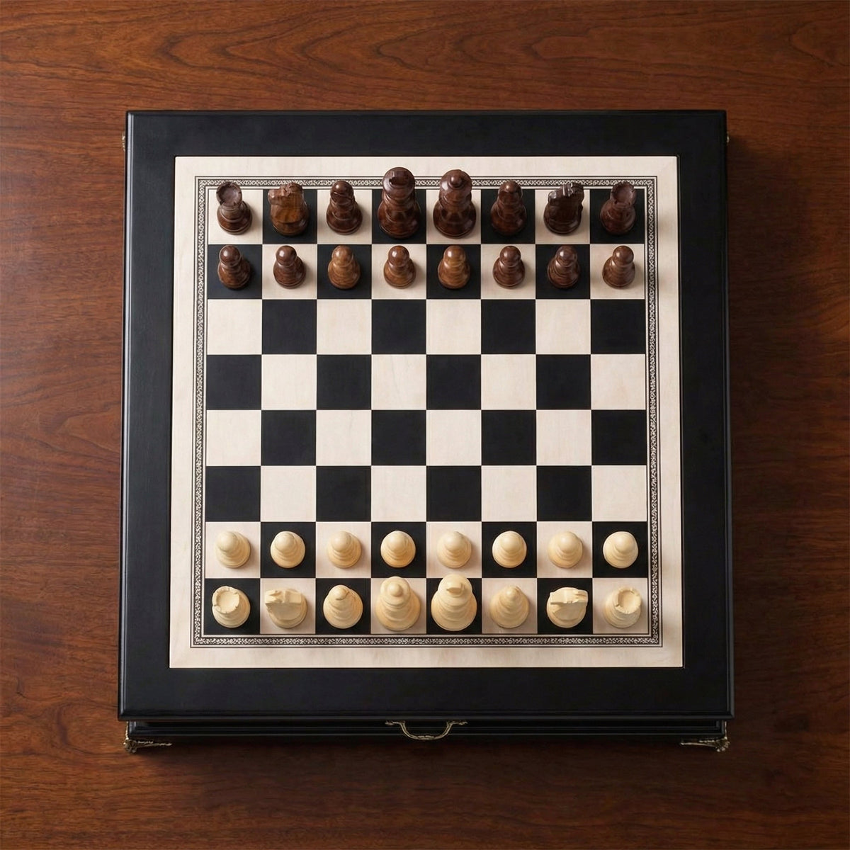 Olive Wood Chess Set with Drawer and Gold Feet