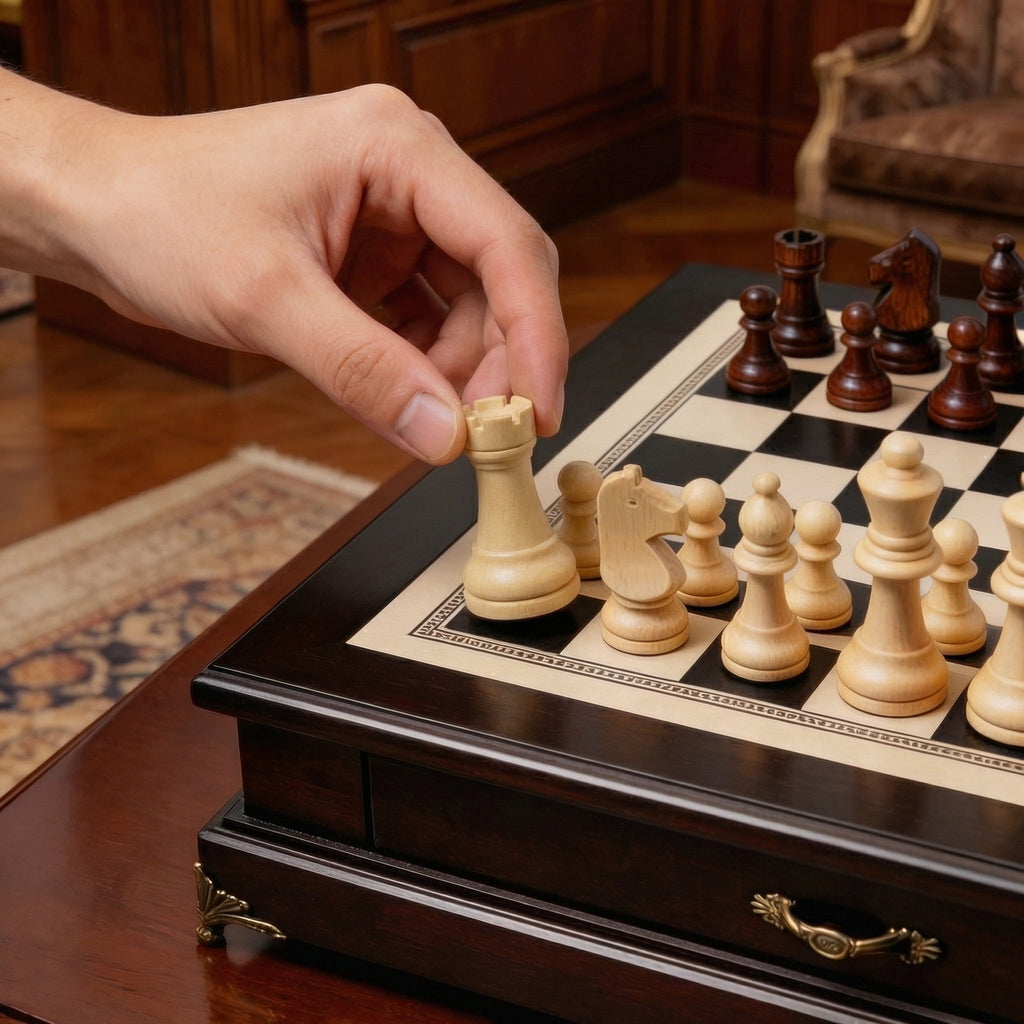 Olive Wood Chess Set with Drawer and Gold Feet