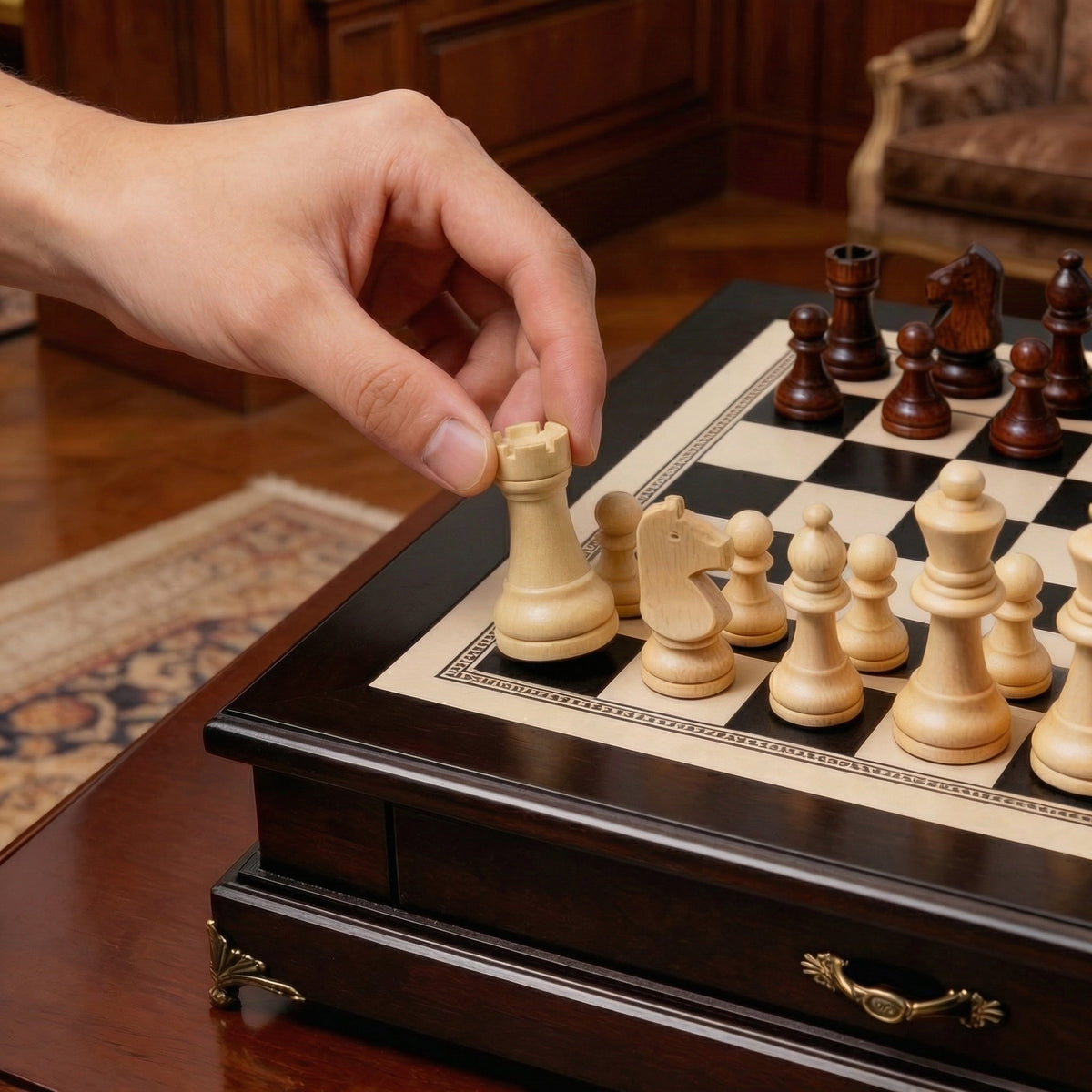 Olive Wood Chess Set with Drawer and Gold Feet