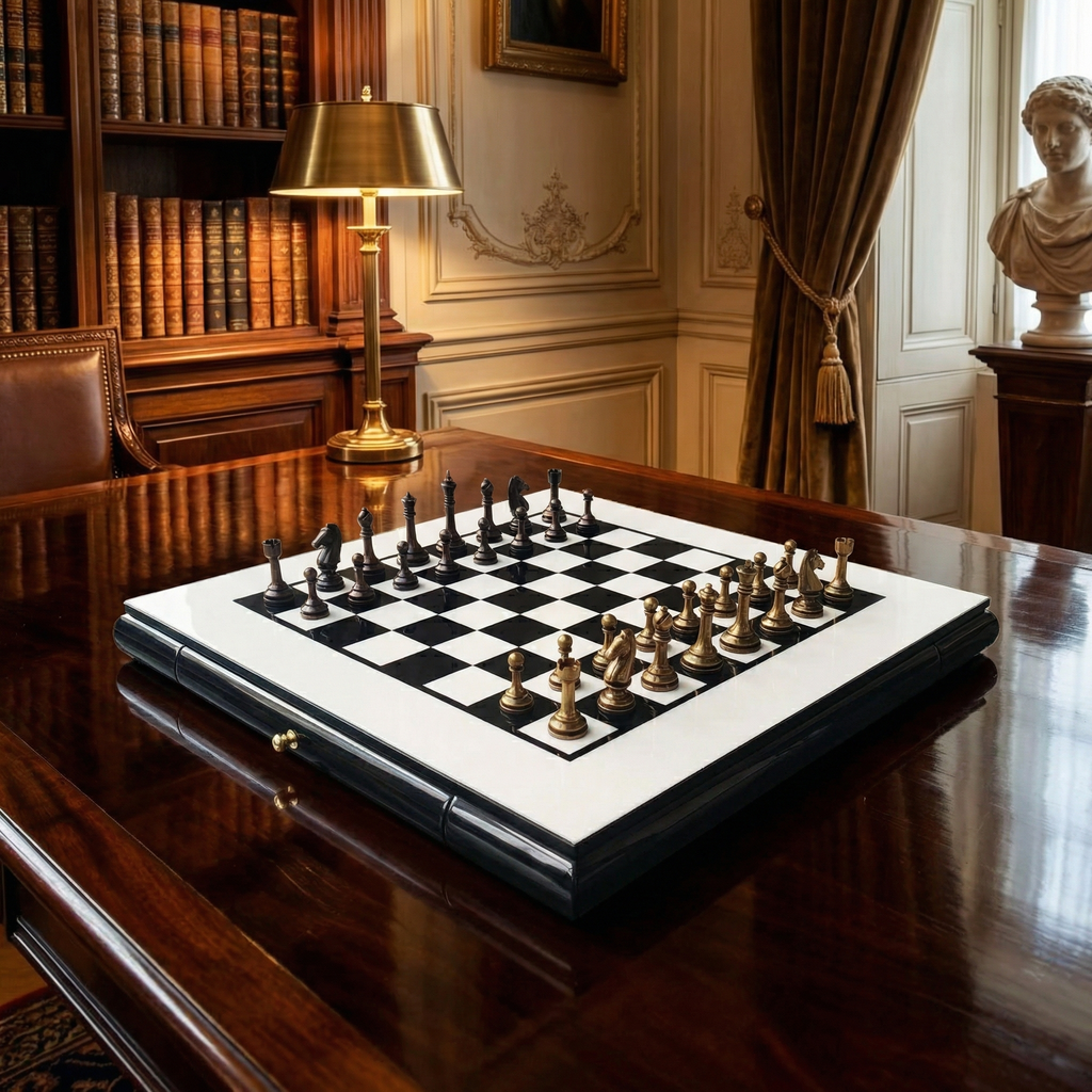 Piano Finish Boxwood and Ebony Chess Set with Drawer