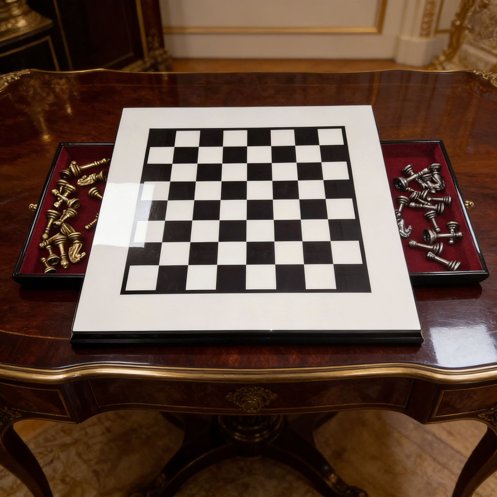 Piano Finish Boxwood and Ebony Chess Set with Drawer