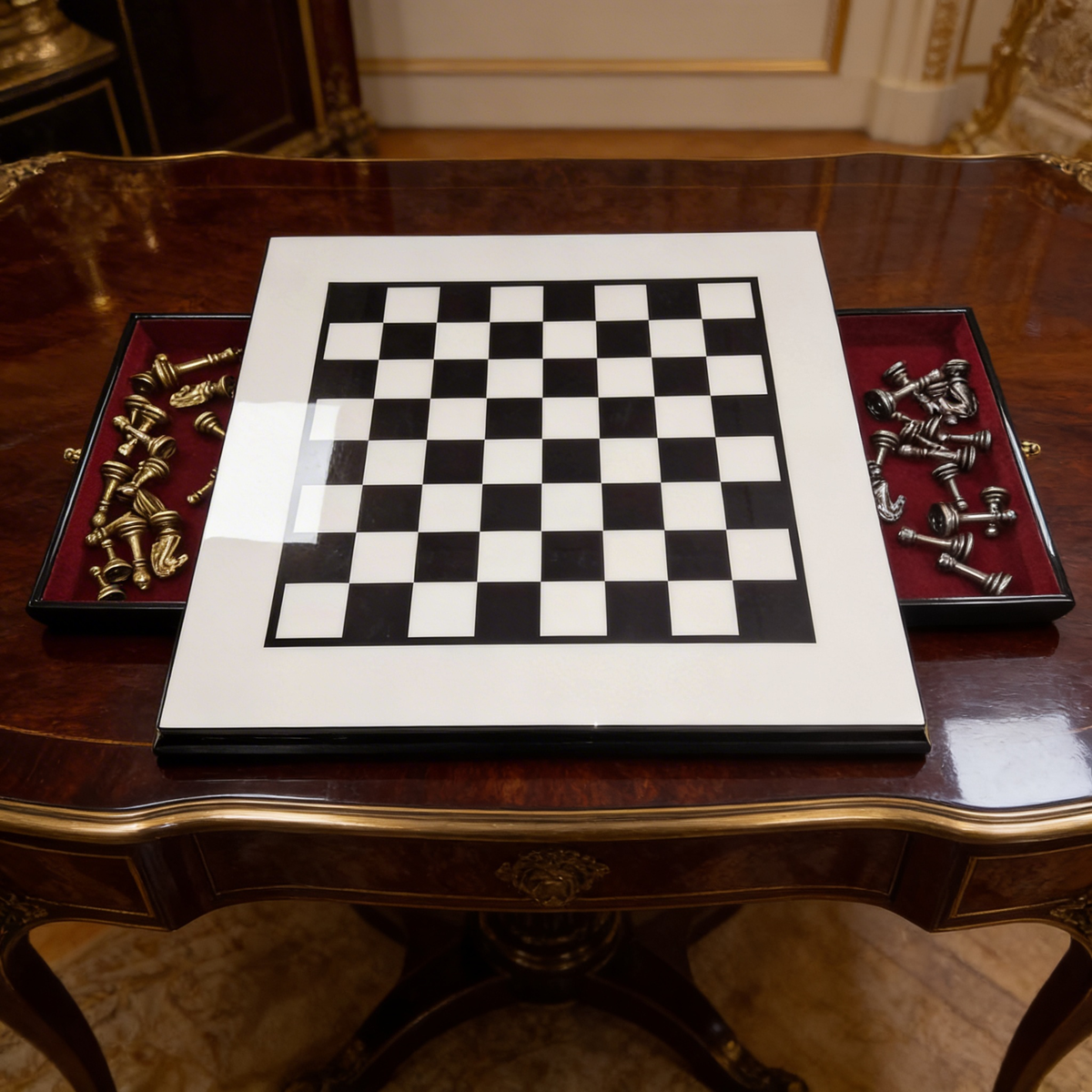 Piano Finish Boxwood and Ebony Chess Set with Drawer