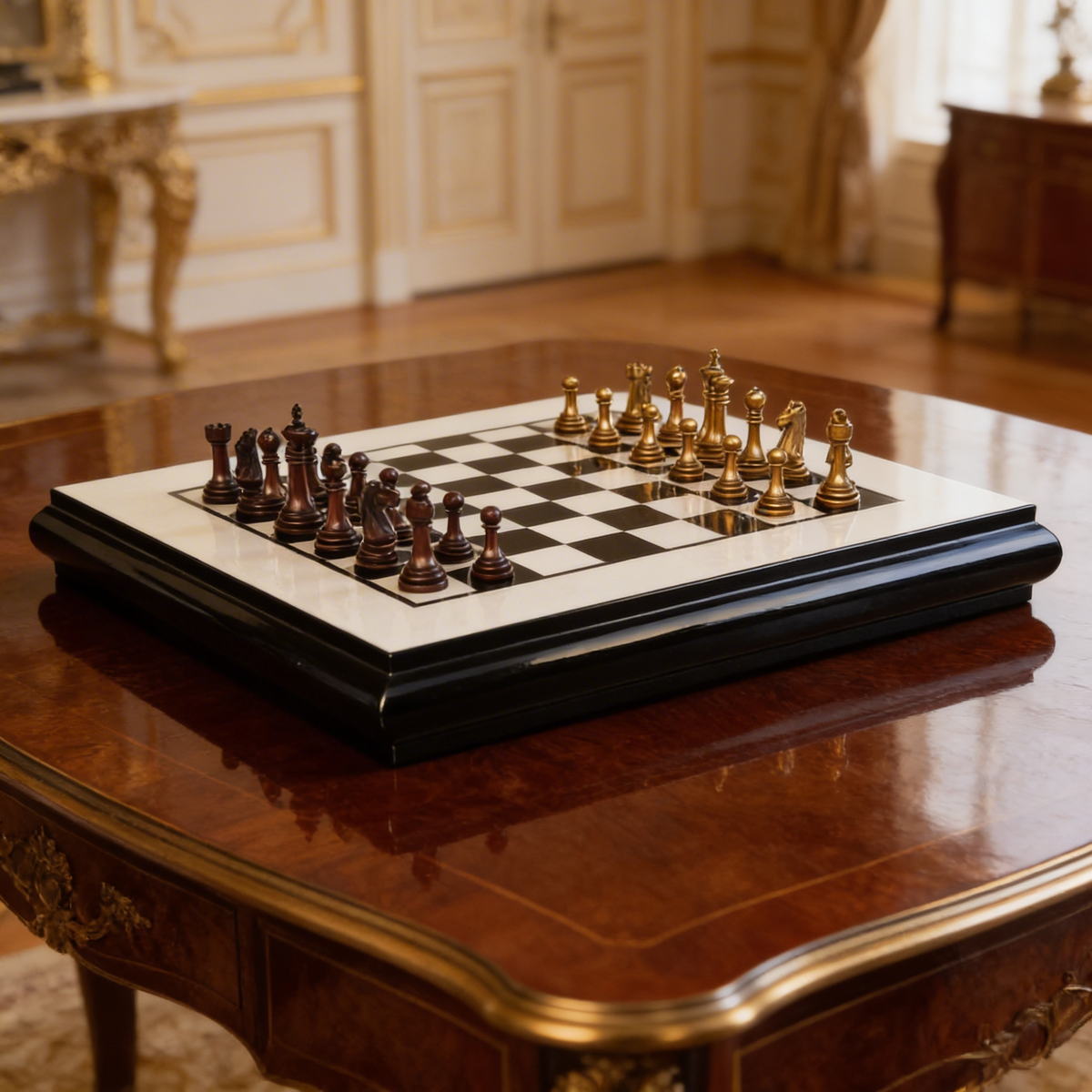 Piano Finish Boxwood and Ebony Chess Set with Drawer
