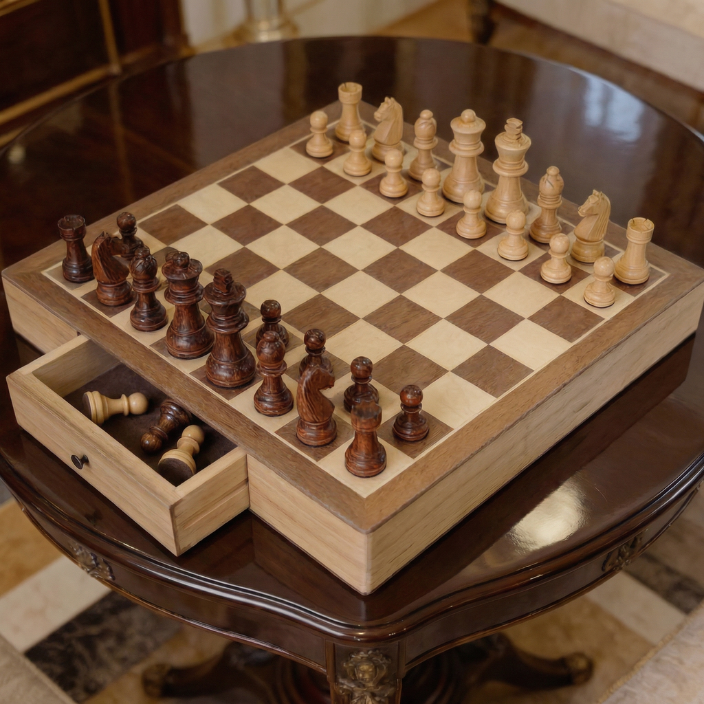 Classic Maple Wood Chess Set with Drawer