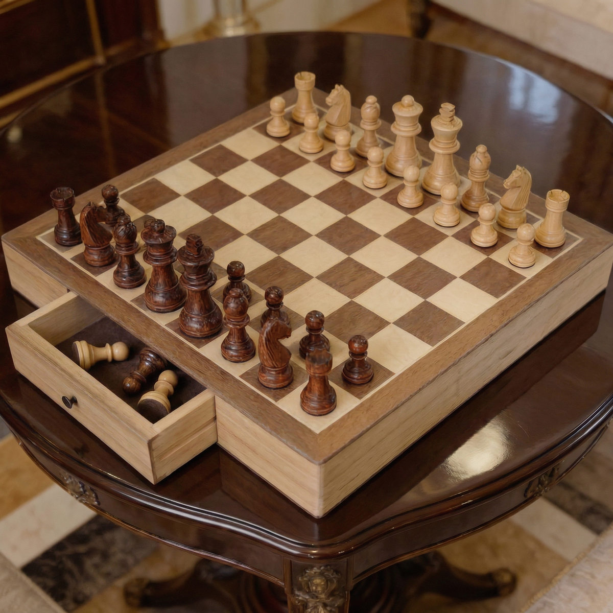 Classic Maple Wood Chess Set with Drawer