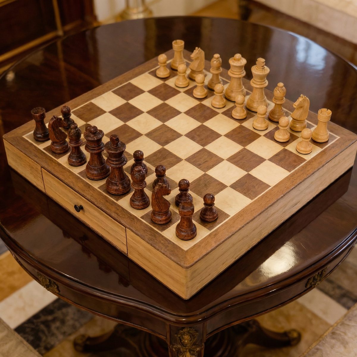Classic Maple Wood Chess Set with Drawer