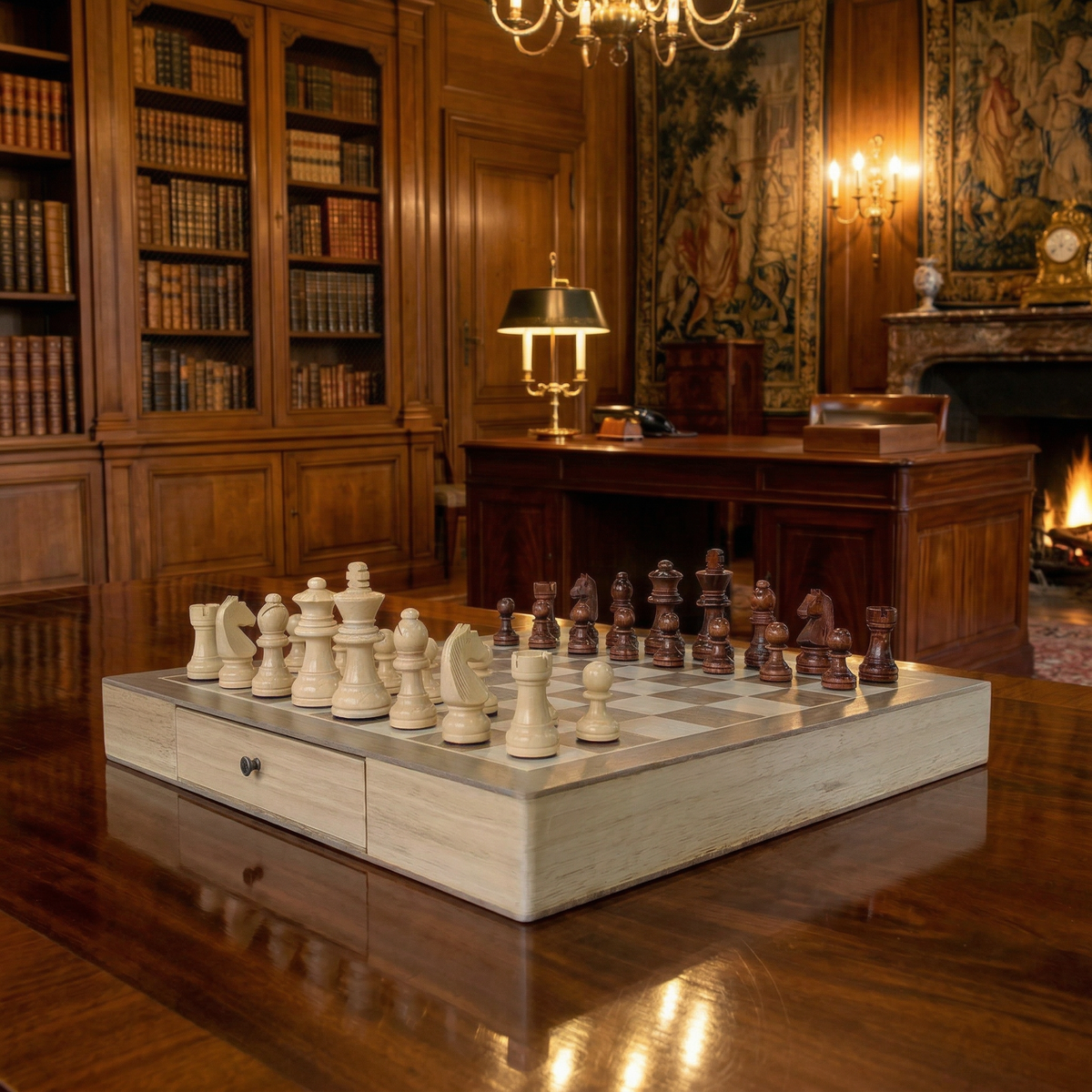 Classic Maple Wood Chess Set with Drawer