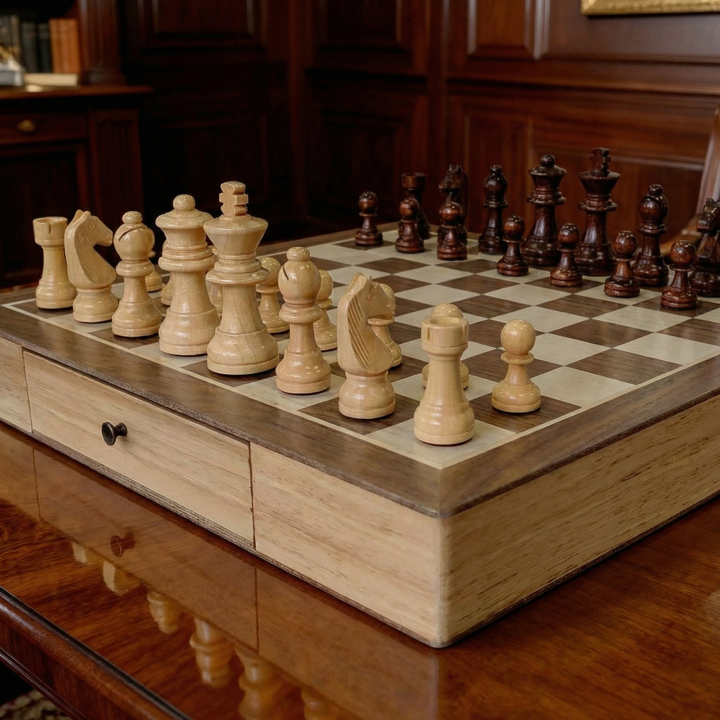 Classic Maple Wood Chess Set with Drawer