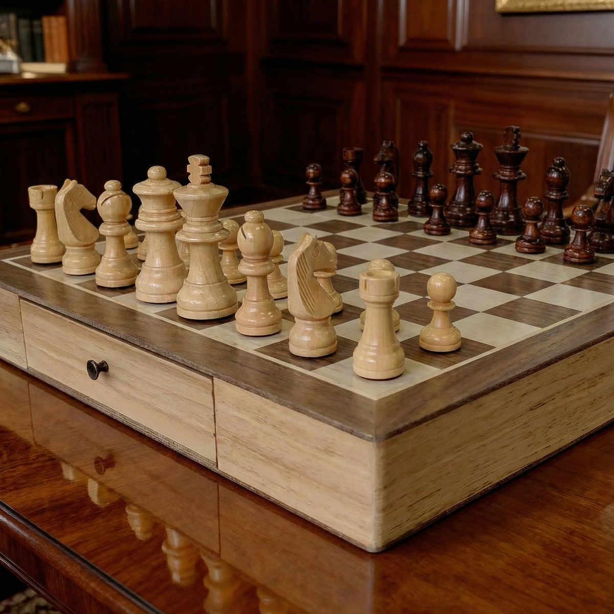 Classic Maple Wood Chess Set with Drawer