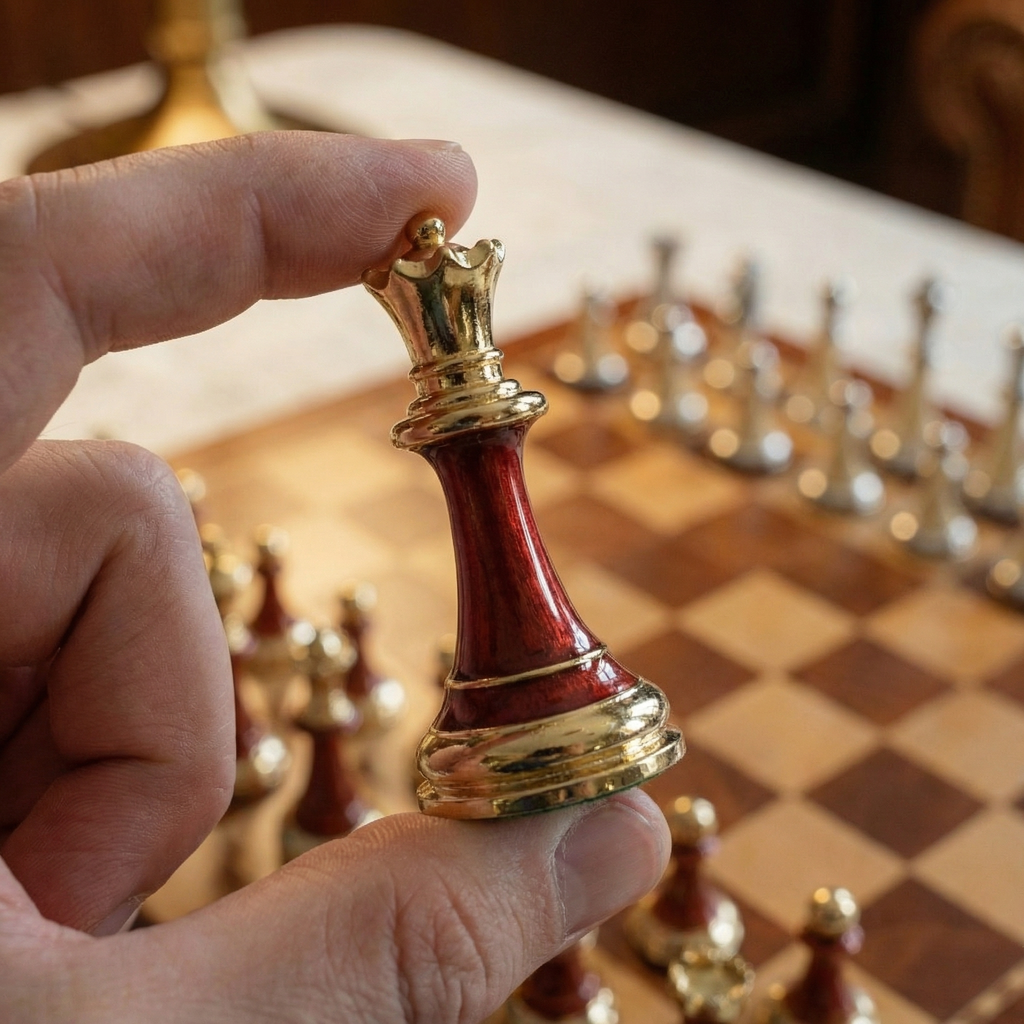 Ebony Wood Chess Set with Inlaid Metal Pieces and Storage