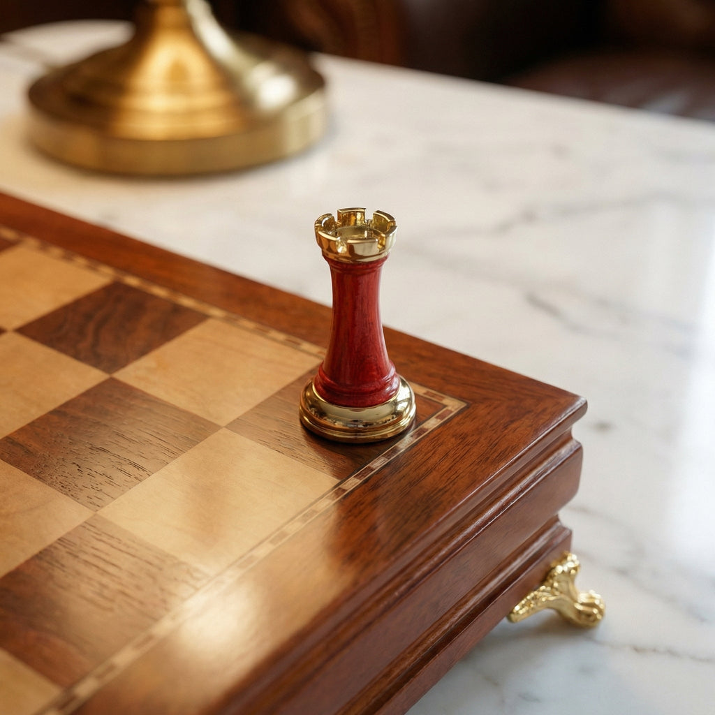Ebony Wood Chess Set with Inlaid Metal Pieces and Storage