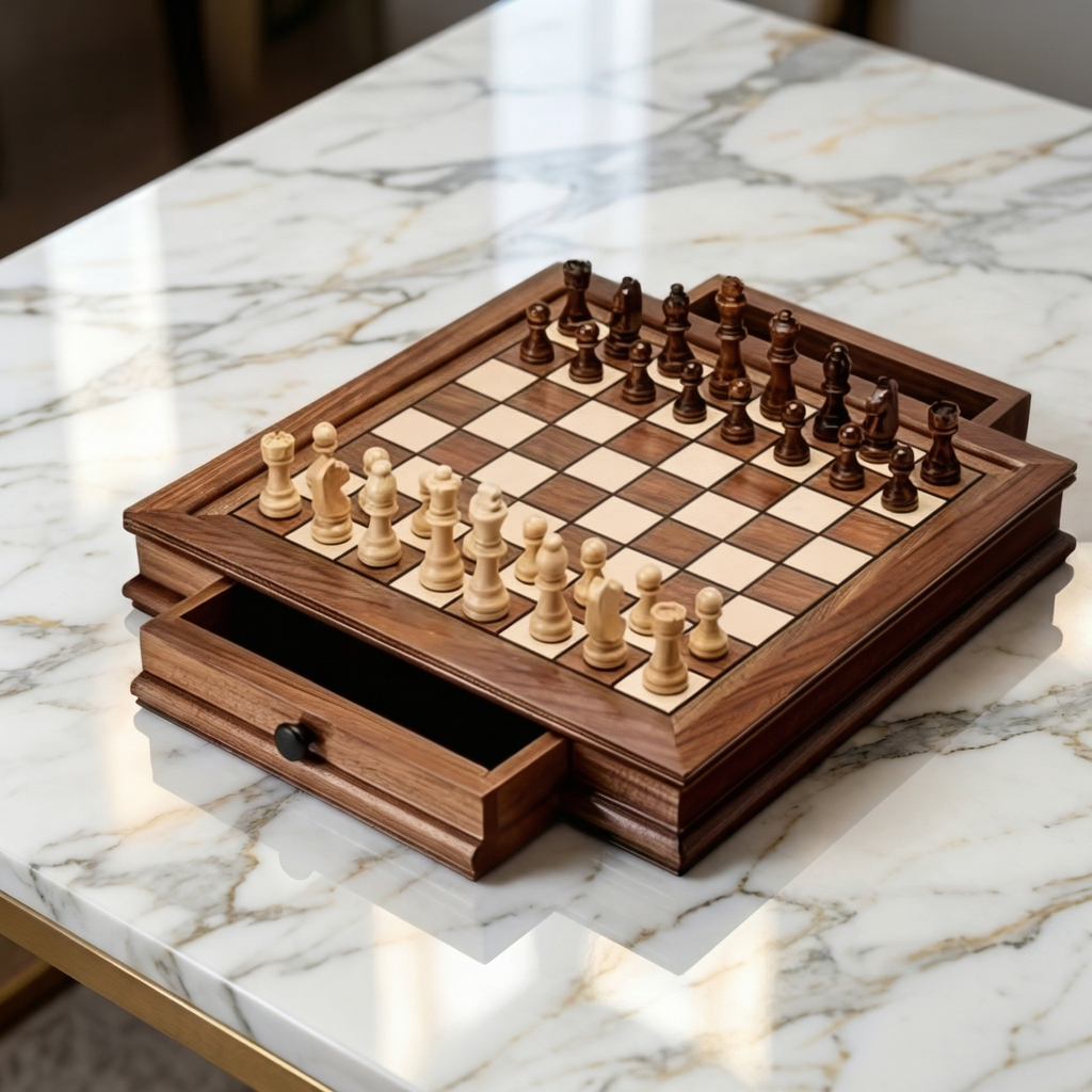 Handcrafted Walnut Wood Chess Set with Drawers