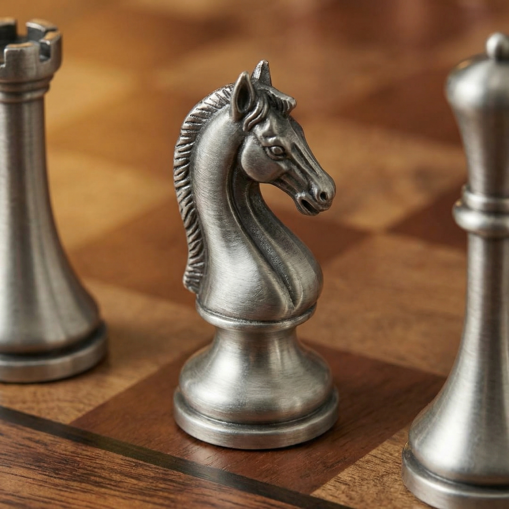 Mahogany Chess Set with Drawers and Aged Metal Pieces