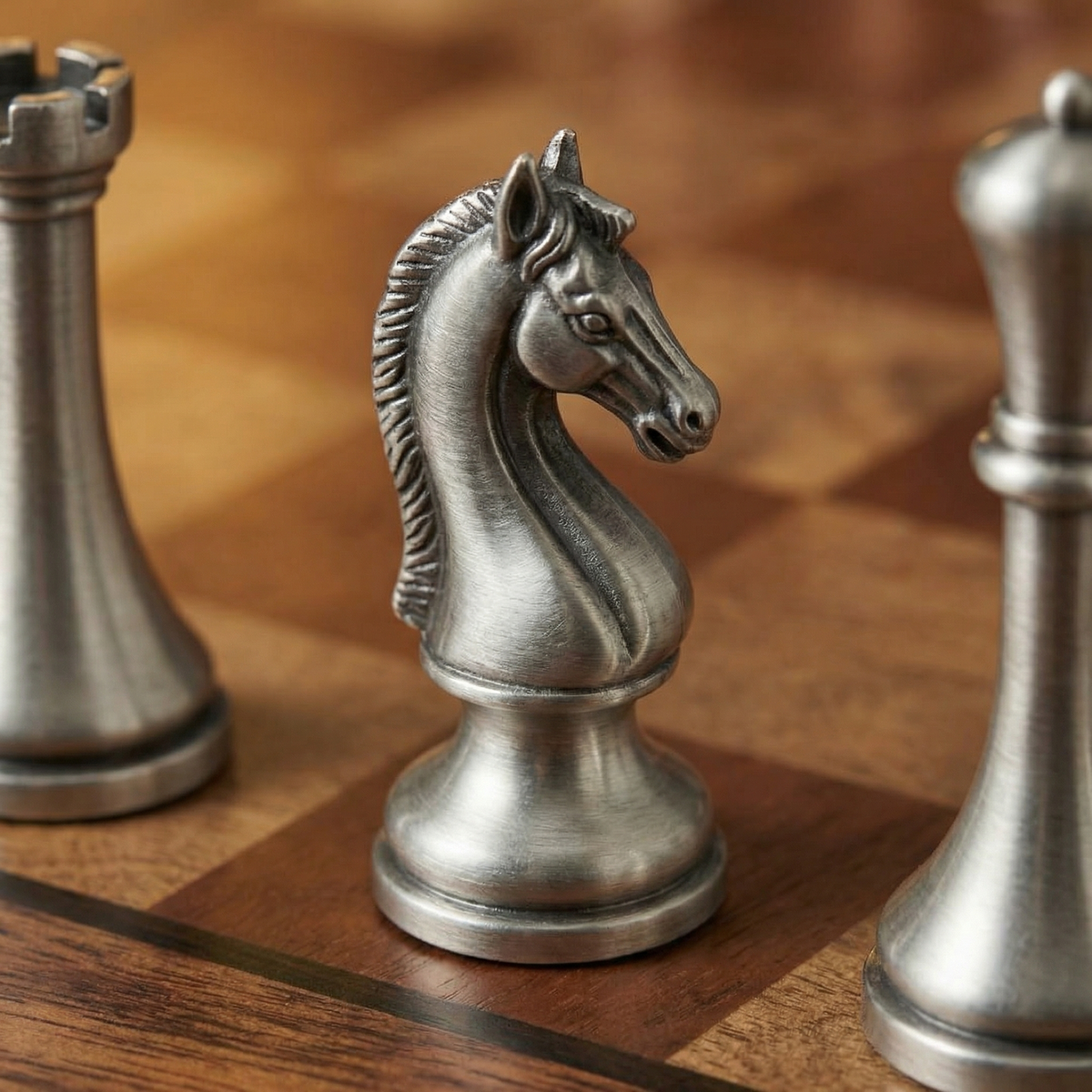 Mahogany Chess Set with Drawers and Aged Metal Pieces