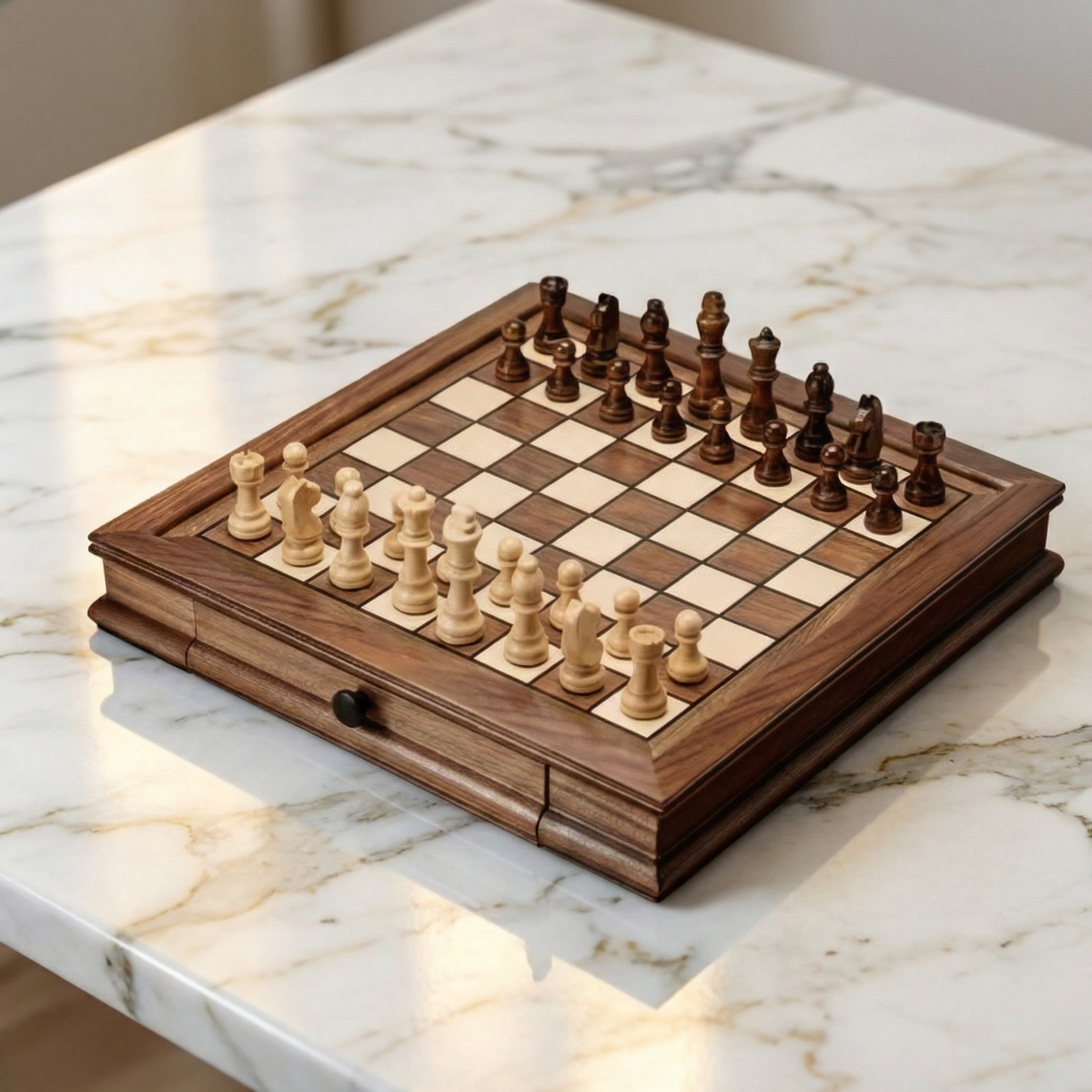 Handcrafted Walnut Wood Chess Set with Drawers