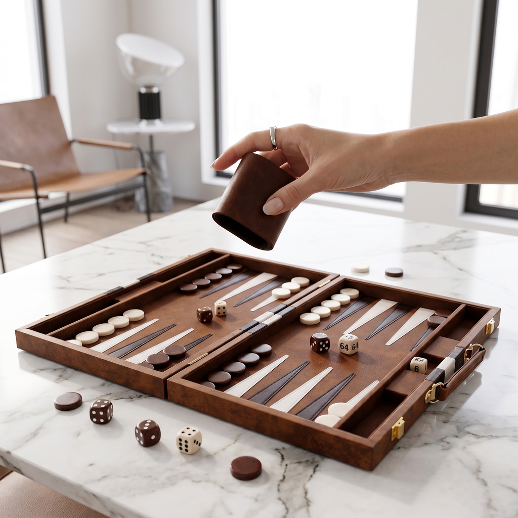 Havana Backgammon Set in Brown Faux Leather Case