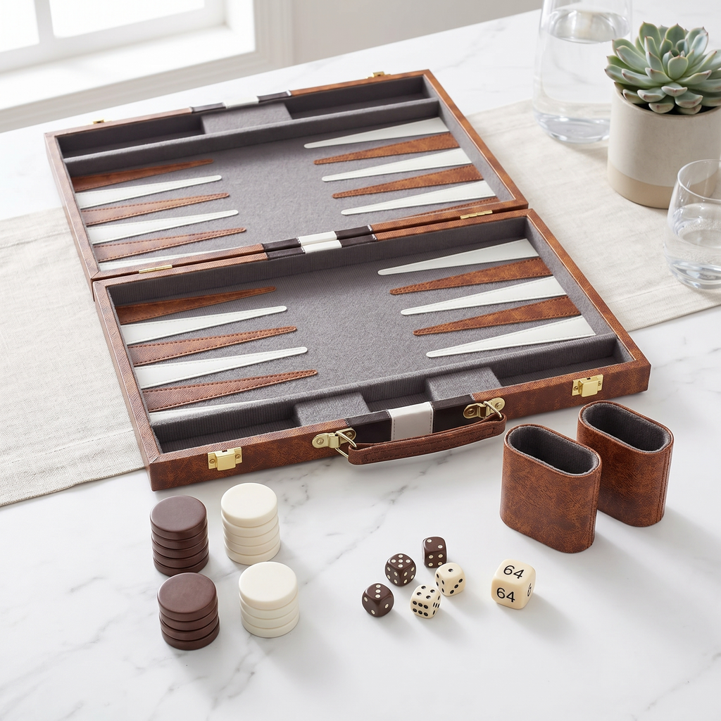 Havana Backgammon Set in Brown Faux Leather Case