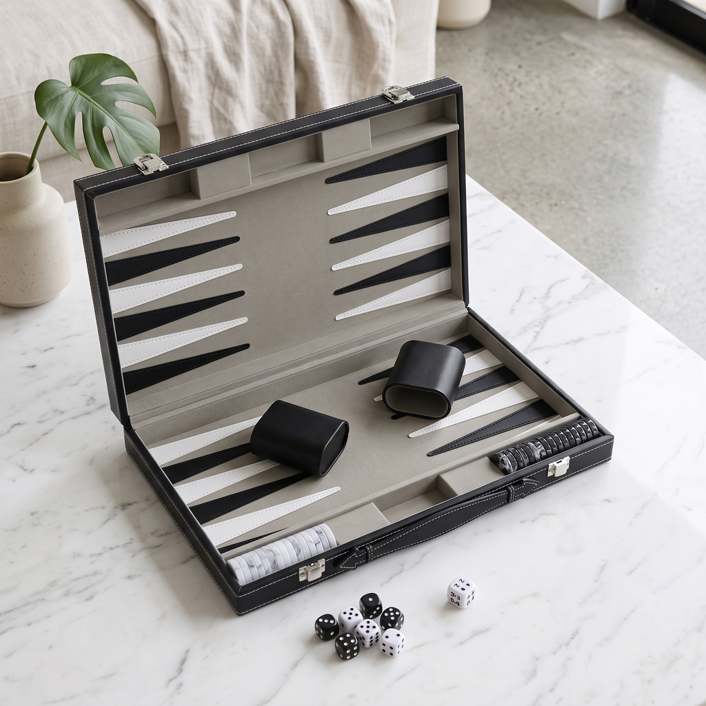 Milano Backgammon Set in Black Faux Leather Case