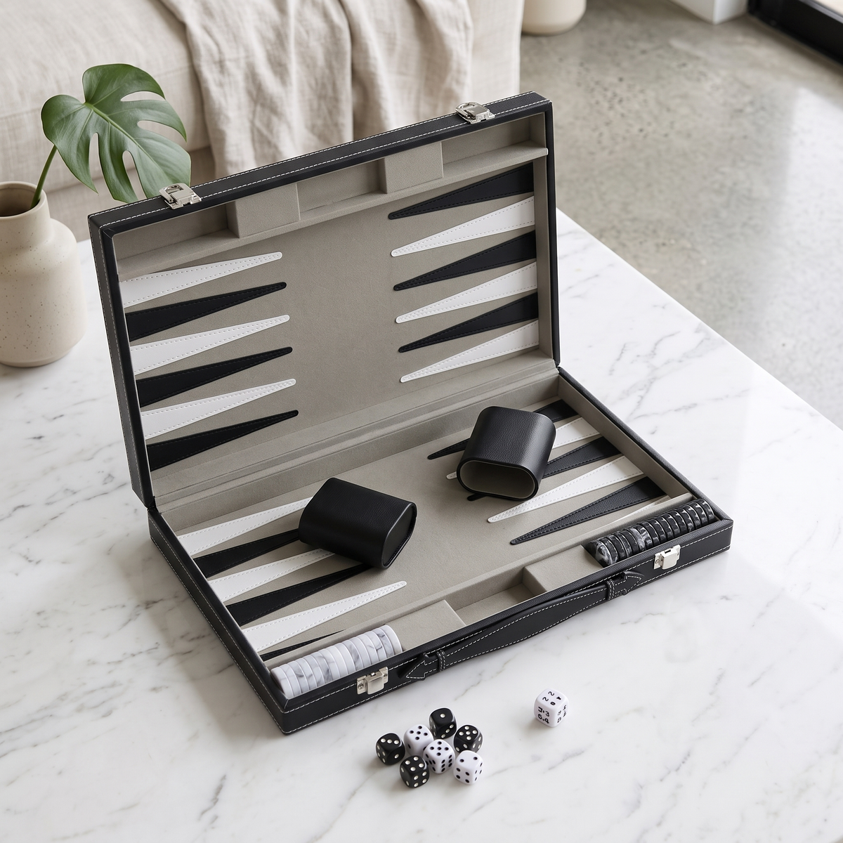 Milano Backgammon Set in Black Faux Leather Case